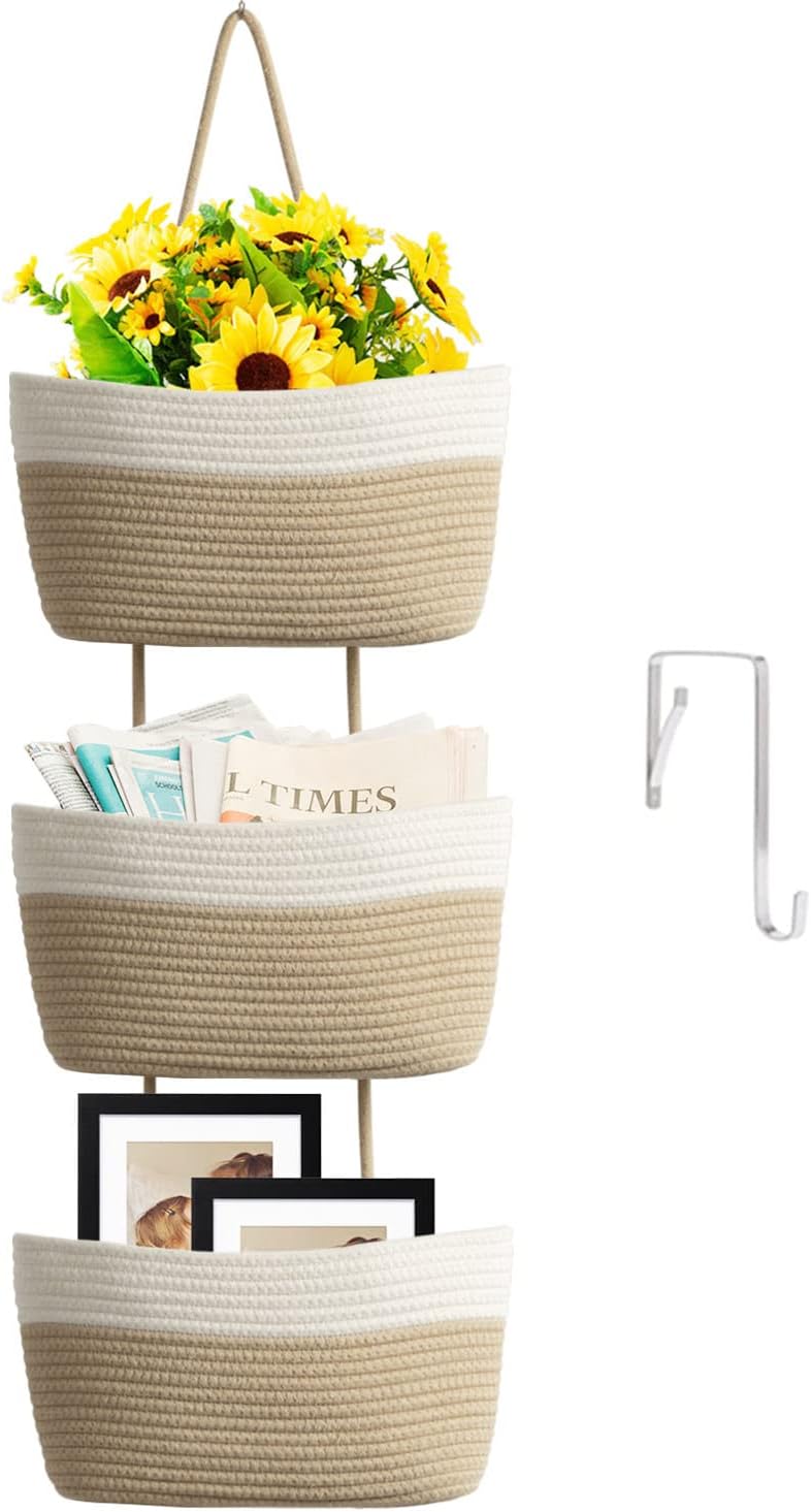 TeoKJ Over the Door Hanging Basket, 3-Tier Woven Cotton Wall-Mounted Storage Organizer Bag Decorative Hanging Kitchen Baskets - White + Jute - Image 1